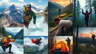 An action-packed collage showcasing diverse adventure activities like mountain climbing, white-water rafting, zip-lining, and wilderness camping, capturing the essence of thrilling experiences and outdoor exploration, inspiring viewers to embark on epic adventures.