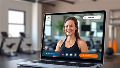 A digital platform interface showing a user interacting with a virtual fitness coach through a video call, with workout equipment in the background, illustrating convenience and personalized guidance.