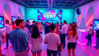 A vibrant and dynamic virtual event scene with avatars representing attendees interacting in a virtual space, with customizable event branding and engaging interactive features, illustrating the platform's versatility and modern approach to event planning.