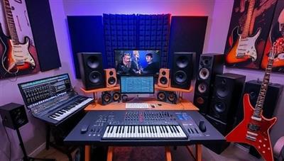 A home studio setup with professional music production equipment, MIDI controllers, studio monitors, and a creative workspace adorned with musical instruments and soundproofing panels, reflecting the dynamic and innovative learning environment at MelodyMentors virtual music production school.