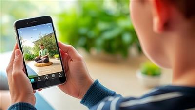 A student using the ZenZone Student app on a smartphone, immersed in a calming meditation session with serene nature sounds and visual relaxation exercises, surrounded by a peaceful and tranquil environment, symbolizing mindfulness and mental well-being.