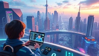 An immersive virtual world with coding challenges, mentor characters guiding players through coding quests, leaderboards showcasing top performers, and a futuristic cityscape representing the tech industry landscape.