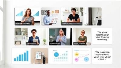 An engaging virtual platform interface showcasing diverse financial coaching sessions in progress, with interactive tools, charts, and motivational quotes to inspire clients towards financial empowerment.