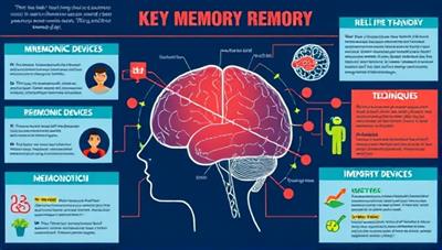 An engaging infographic illustrating the brain's memory functions and key memory improvement techniques, featuring vibrant visuals, mnemonic devices, and brain health facts, promoting the benefits of cognitive training and memory enhancement.