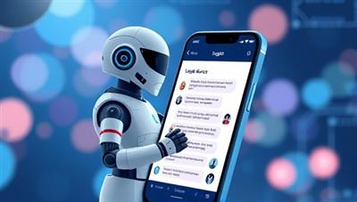 An imaginative illustration of a futuristic chatbot interface interacting with a user on a smartphone screen, displaying legal advice in a user-friendly and engaging manner, symbolizing convenience and accessibility in legal assistance.