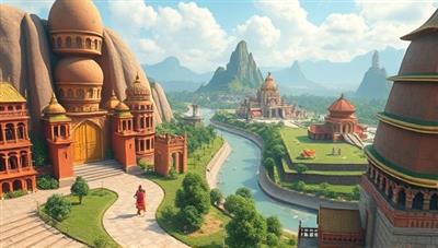 An interactive language learning quest scene where users navigate through different cultural landscapes, solve language puzzles, and engage with native speakers, showcasing the immersive and educational journey of LingoQuest's online language adventures.