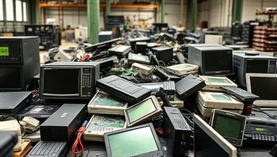 A collection of old electronic devices being sorted and refurbished in a sustainable tech recycling facility, highlighting the eco-friendly practices and circular economy approach of the business.
