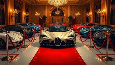 A glamorous image featuring a lineup of exotic and vintage cars in a posh setting, with a red carpet and velvet ropes, highlighting the elegance and sophistication of the DriveLux Subscription Club, conveying the allure and prestige of accessing exclusive vehicles.
