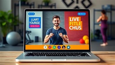 A vibrant virtual fitness session displayed on a laptop screen, showing a coach guiding a user through a workout, with motivational quotes and exercise equipment in the background, conveying energy and progress.