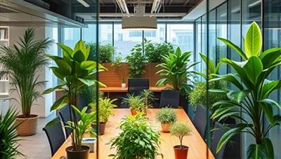 An office setting with eco-friendly decor and plants, symbolizing sustainability and environmental consciousness in business practices, creating a harmonious and green workspace.