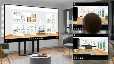 A digital rendering showcasing a virtual interior design consultation session, featuring a designer presenting room layout options and decor suggestions to a homeowner through a virtual platform, with mood boards, color palettes, and furniture recommendations displayed on screens, illustrating the creative and personalized design services offered by DesignVision Virtual.