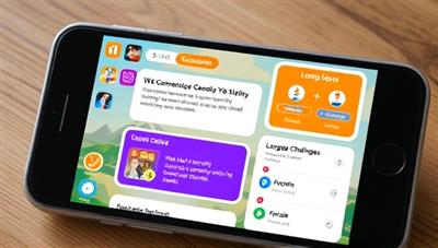 A smartphone screen displaying the LingoQuest app interface with colorful game elements, language challenges, and progress tracking features, showcasing the gamified approach to language learning and user engagement.