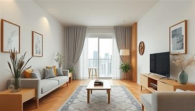 A digital rendering of a cozy apartment interior with interactive hotspots for viewers to click and explore different rooms, creating an engaging and informative virtual tour experience.