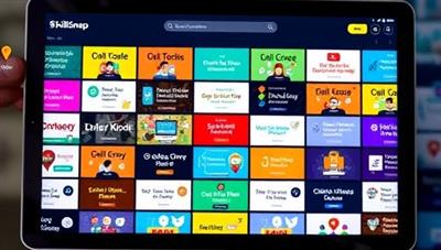 An array of colorful, interactive online course modules displayed on a digital device screen, showcasing the diversity of subjects available on SkillSnap Academy, evoking a sense of dynamic and engaging learning experience.