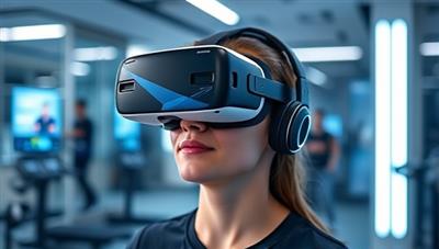 An individual wearing a VR headset, fully immersed in a virtual gym environment with digital trainers and interactive fitness equipment, showcasing the futuristic and engaging nature of FitInVR.