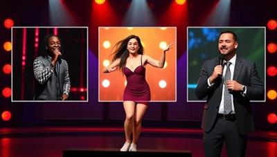 An engaging and diverse virtual talent show lineup featuring colorful thumbnails of performances such as a singer with a microphone, a dancer mid-routine, and a comedian delivering a punchline, capturing the essence of talent and creativity.
