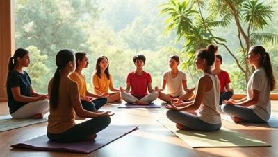 A group of students engaged in a mindfulness and wellness workshop, practicing yoga poses, meditation techniques, and deep breathing exercises in a tranquil and serene setting, promoting relaxation, self-care, and emotional balance among young learners.