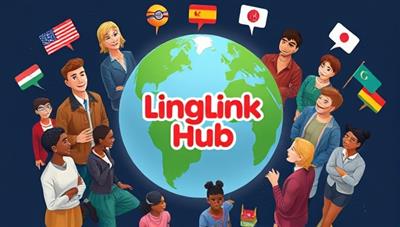 An animated digital globe surrounded by diverse characters speaking different languages, connecting virtually through LingoLink Hub for language learning and cultural exchange, symbolizing the global reach and community-building aspect of the platform.