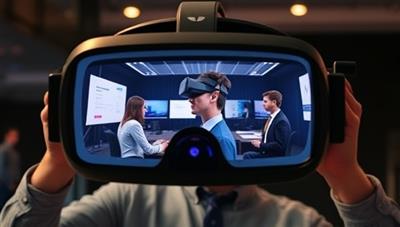 An immersive VR headset displaying a dynamic job simulation scenario where a candidate interacts with virtual colleagues, solves complex tasks, and showcases their teamwork and problem-solving skills, illustrating the future of recruitment technology.