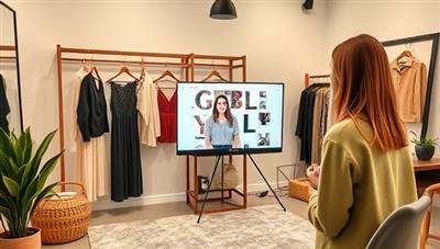 A chic virtual styling studio showcasing a stylist creating outfit mood boards, discussing style tips with a client via video call, and browsing fashion inspiration online, reflecting a modern and personalized styling experience.