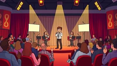 An entertaining digital illustration showcasing a virtual comedy club setting with comedians performing on stage, virtual audience members reacting with laughter and applause, and interactive features for users to participate in comedic activities, capturing the humor and camaraderie of the online comedy club experience.