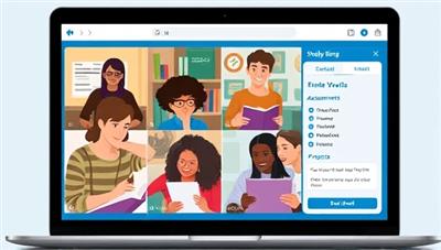 An engaging visual of high school students participating in a virtual study group session on the StudyBuddy Connect platform, sharing notes, discussing assignments, and collaborating on projects, showcasing the interactive and supportive study environment facilitated by the online platform for high school students.