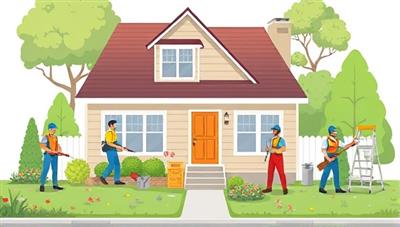 An illustration of a property maintenance team performing various tasks such as landscaping, painting, and repairs around a residential property, demonstrating the efficiency and professionalism of the MaintainEase subscription service.