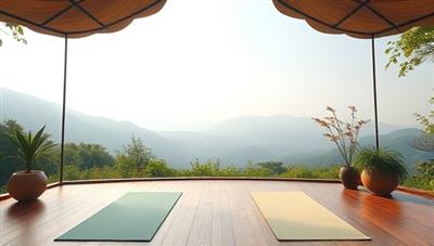 An immersive virtual retreat setting with serene nature scenes, calming music, and yoga mats laid out for a tranquil wellness experience, conveying a sense of relaxation and mindfulness.