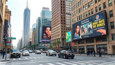 An urban cityscape with strategically placed digital billboards showcasing dynamic ads tailored to the surrounding audience demographics, illustrating the data-driven approach and targeted precision of StreetSmart Ads in outdoor advertising.