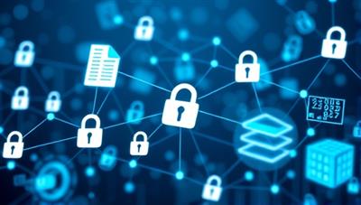 An abstract representation of a digital blockchain network with interconnected tax documents, padlocks, and financial data blocks, symbolizing transparency, security, and efficiency in tax compliance processes.