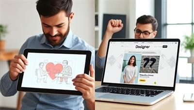 A split-screen image of a designer sketching a digital ad concept on a tablet, juxtaposed with a business owner excitedly reviewing the finished ad design on a laptop screen, symbolizing creativity and collaboration.