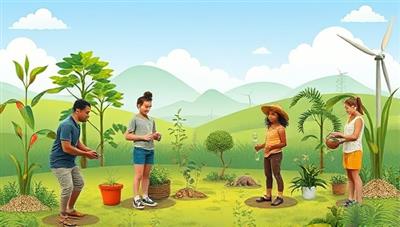 An eco-friendly digital landscape featuring diverse individuals engaging in sustainable living practices, such as recycling, composting, and using renewable energy sources, with virtual workshops showcasing green technologies and eco-friendly solutions at EcoLifeAcademy, promoting a harmonious coexistence with nature and a sustainable future for all.