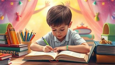 An enchanting image featuring a child immersed in creative writing, surrounded by colorful writing materials, whimsical storybooks, and a magical storytelling ambiance, evoking the joy and imagination of young writers engaged in storytelling adventures.