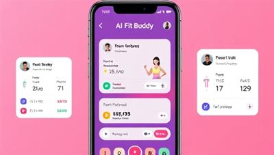 An AI fitness coach avatar interacting with a user on the app interface, displaying workout recommendations, progress tracking metrics, and motivational messages, illustrating the personalized and interactive nature of the AI Fit Buddy fitness coaching experience.