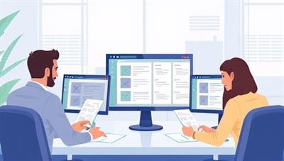An illustrative scene of a virtual tax audit defense team working together on screens, reviewing documents and analyzing data to support a subscriber during an IRS audit, showcasing expertise and support provided by AuditGuard Shield's subscription service, conveying trust and professional assistance.