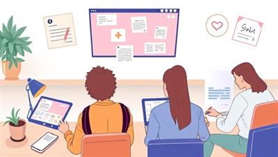 A digital illustration of college students engaging in a virtual study group session on laptops and tablets, with shared notes, study materials, and collaborative tools visible on the screens, depicting a dynamic and interactive learning environment fostered by StudyHub Connect.