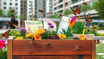 A vibrant and colorful pollinator garden box filled with native plant seeds, gardening tools, and educational materials, surrounded by buzzing bees and fluttering butterflies, creating a lively and eco-friendly atmosphere, set against an urban backdrop to emphasize the integration of nature in city living.