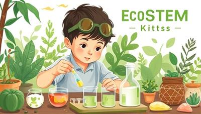 An artistic representation of a child engaging with an EcoSTEM Kit, conducting a science experiment with eco-friendly materials and tools, surrounded by greenery and nature-inspired elements, symbolizing the blend of STEM education and environmental consciousness in EcoSTEM Kits.