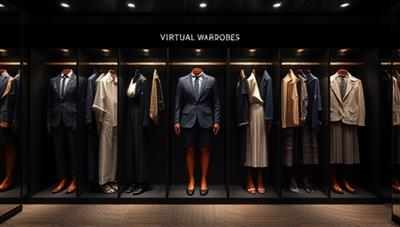 An elegant virtual wardrobe interface displaying personalized outfit suggestions generated by AI algorithms, with clothing items categorized by style and occasion, showcasing sophistication and customization.