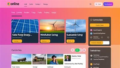 A vibrant online learning platform interface displaying course modules on solar energy, wind power, and sustainable living, interactive quizzes, and a community forum for learners to discuss and share insights, conveying a dynamic and engaging educational experience.