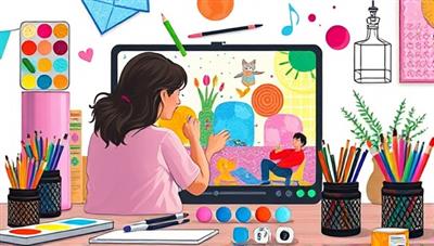An artistic representation of a virtual art therapist guiding a client through a therapeutic art exercise via video call, surrounded by colorful art supplies, comforting visuals, and calming music, creating a safe and nurturing virtual art therapy environment.