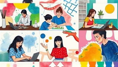 An online art therapy workshop session with participants engaging in creative activities, sharing their artwork, and expressing emotions through colors and shapes, creating a therapeutic and supportive virtual space that promotes healing and self-discovery.