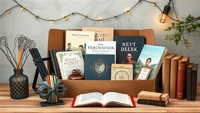 An aesthetically designed subscription box display featuring a collection of books, writing supplies, literary-themed items, and cozy reading nook essentials, evoking a sense of wonder, excitement, and literary charm for subscribers receiving their monthly box.