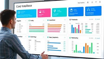 An image of a compliance dashboard displaying various regulatory requirements and status indicators, with a business professional reviewing the data on a computer screen, highlighting the importance of automated compliance monitoring.