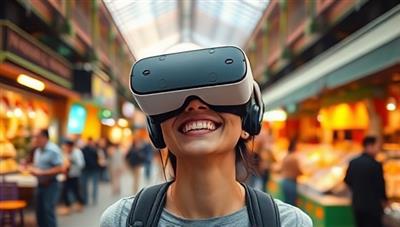An individual wearing a VR headset, smiling in awe as they virtually explore a bustling marketplace in a foreign country, surrounded by vibrant colors and sounds, capturing the essence of virtual travel adventures.