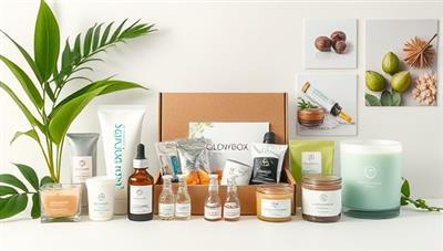 A beautifully styled flat lay image showcasing a collection of GlowBox Wellness subscription boxes filled with botanical skincare products, wellness supplements, aromatic candles, and relaxation aids, arranged against a backdrop of lush greenery and calming spa visuals, evoking a sense of rejuvenation and tranquility.