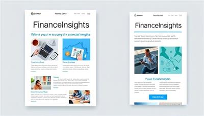 A sleek and modern email newsletter template mockup, showcasing a sample issue of FinanceInsights with engaging visuals, informative content sections, and a call-to-action to subscribe for exclusive financial insights.