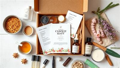 A beautifully curated flat lay of a DIY beauty subscription box with various ingredients, recipe cards, and handmade beauty products, exuding a sense of creativity and personalization in the beauty crafting experience.