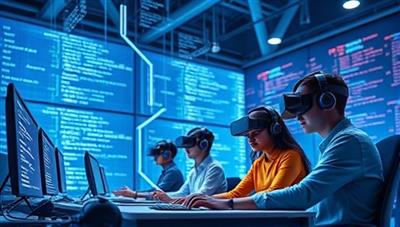 A futuristic digital illustration of a virtual coding lab environment with floating lines of code, virtual reality headsets, and diverse students collaborating on coding projects, symbolizing innovation, creativity, and digital learning in the tech industry.