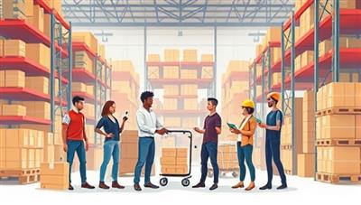 An engaging illustration showcasing a diverse group of warehouse workers collaborating seamlessly in a dynamic warehouse setting.